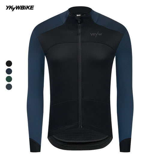 YKYW Winter 0°C Thermal Fleece Men's Cycling Jacket Waterproof Windproof Bicycle Long Sleeves Jersey Tops Darkblue