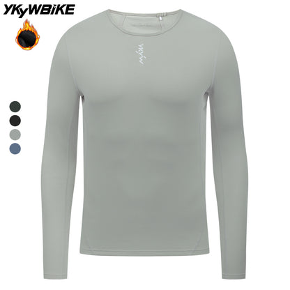 YKYW Men's Cycling Long Sleeve Base Layers Clothing Winter Thermal Fleece Bicycle Undershirt Bike Base Underwear Morning Mist White