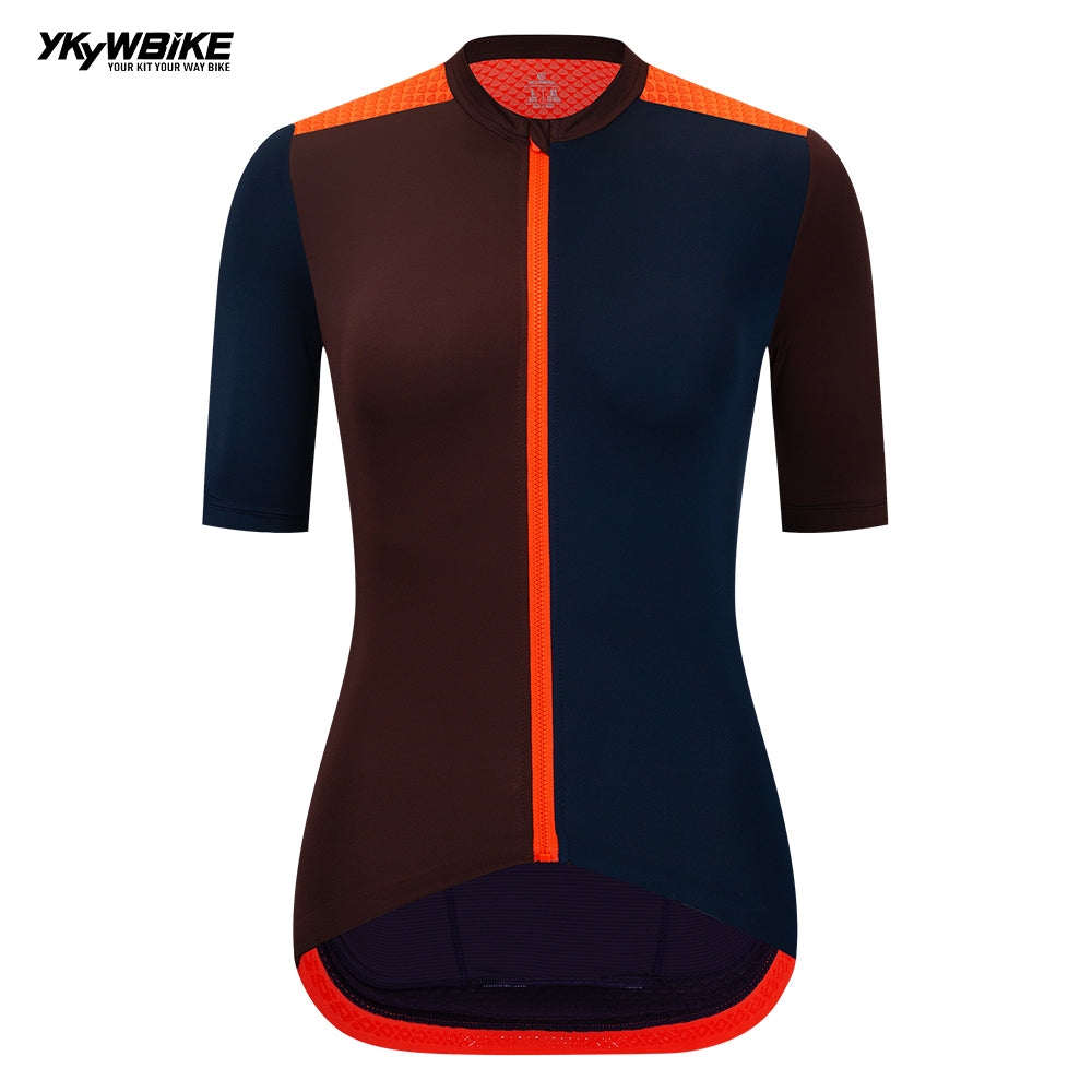 YKYW 2024 Women Cycling Pro Team Jersey Short Sleeve Moisture Wicking Quick Dry Multiple Color dark brown+dark blue