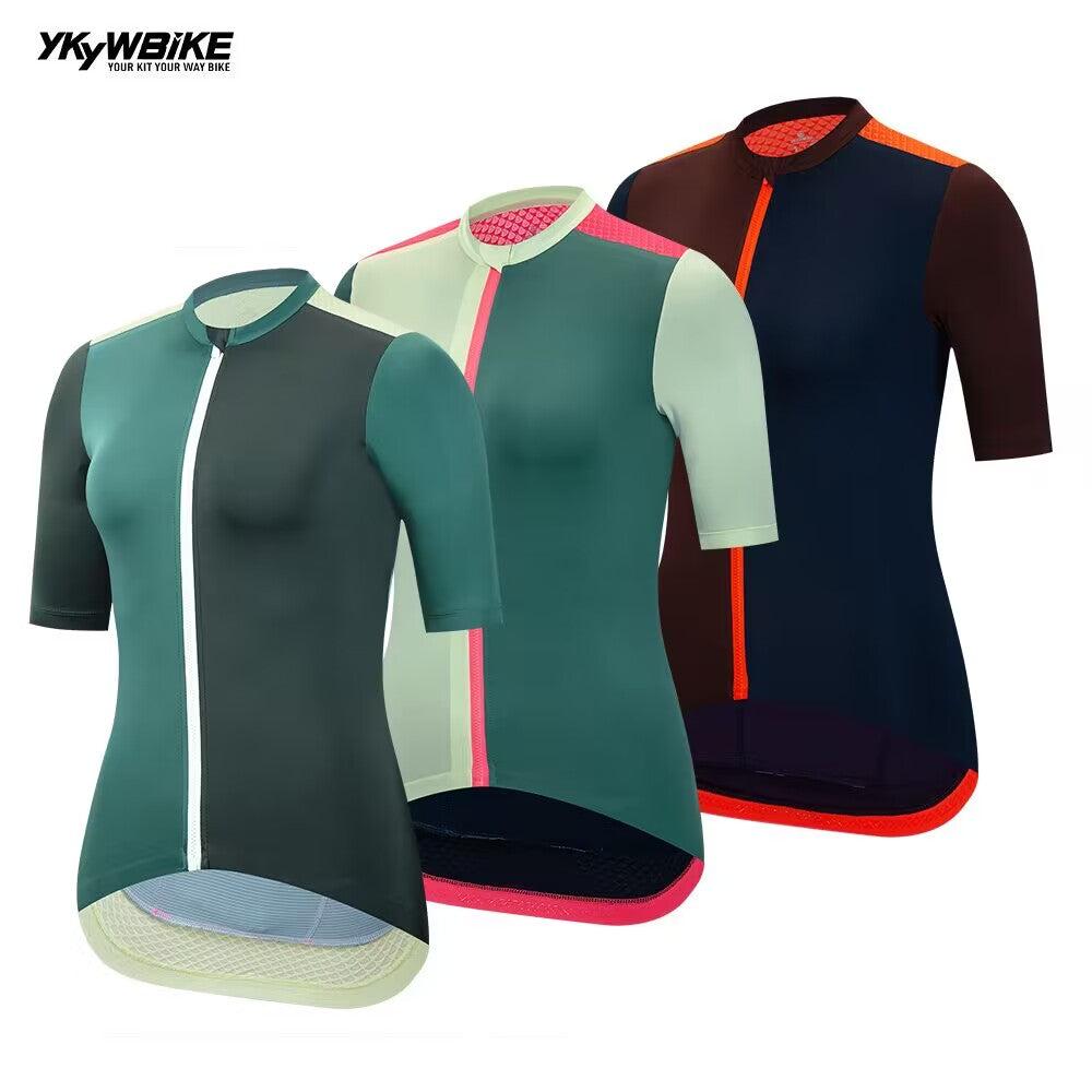 YKYW 2024 Women Cycling Pro Team Jersey Short Sleeve Moisture Wicking Quick Dry Multiple Color dark brown+dark blue